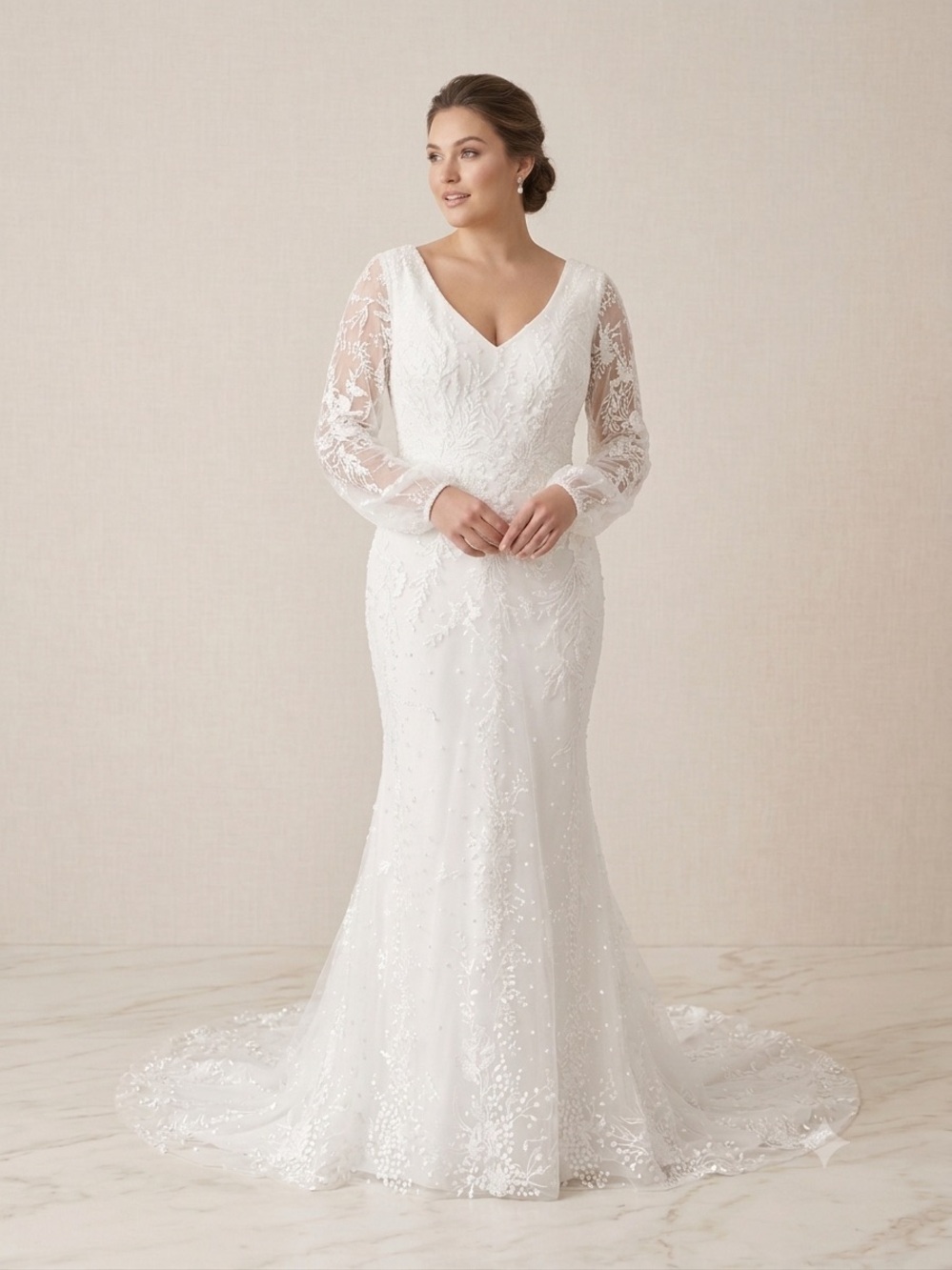 Elegant V-Neck Long Sleeve Light Ivory Wedding Dress